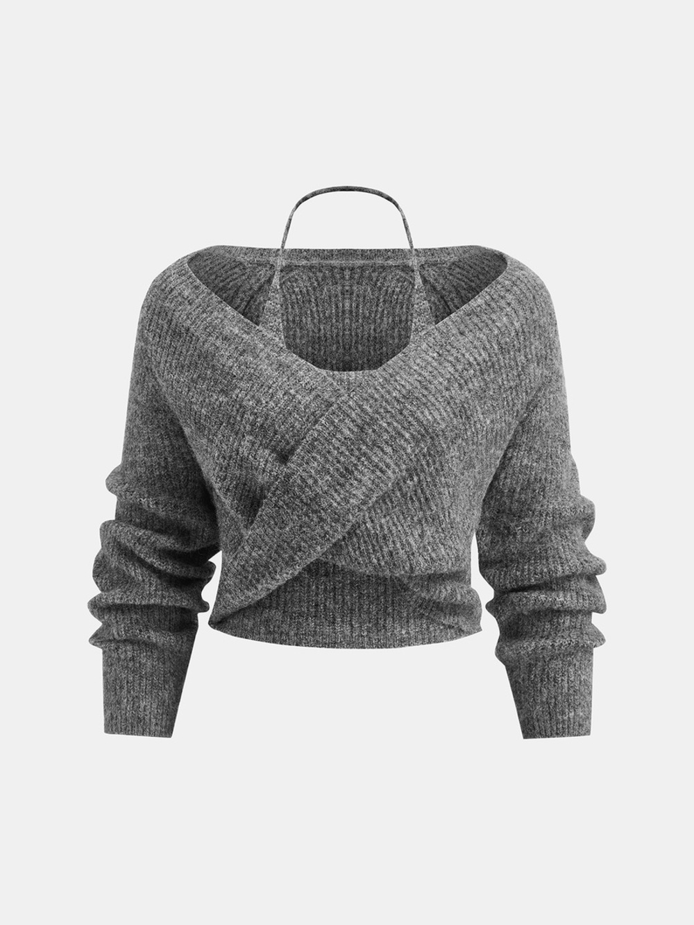 Commense Wool-Blend Two-Piece Set Crossover Halter Knit Top